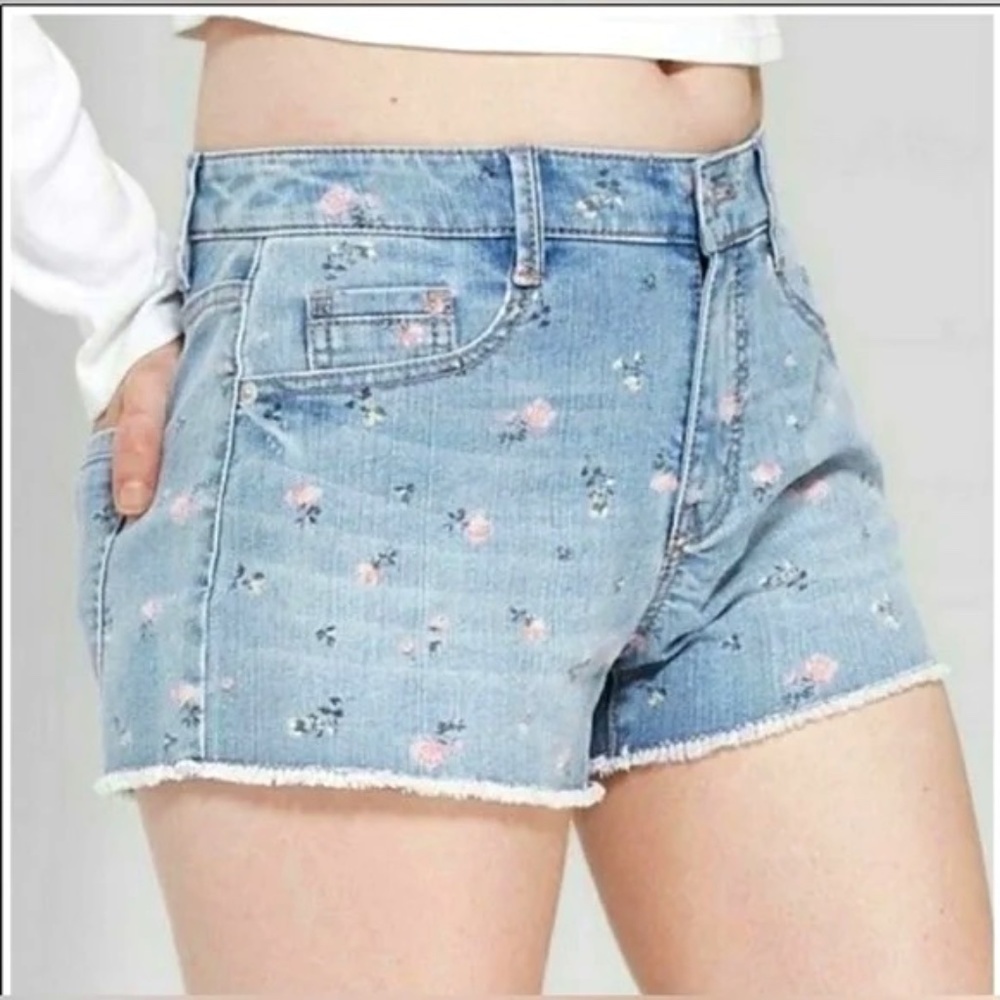 Wild Fable Floral Denim Cut Off Shorts Light Blue Pink Floral